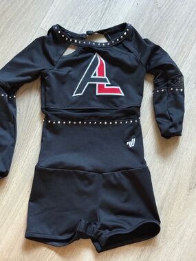 Varsity Black and Red Kids Dance Cheer Outfit with Stud Detail
